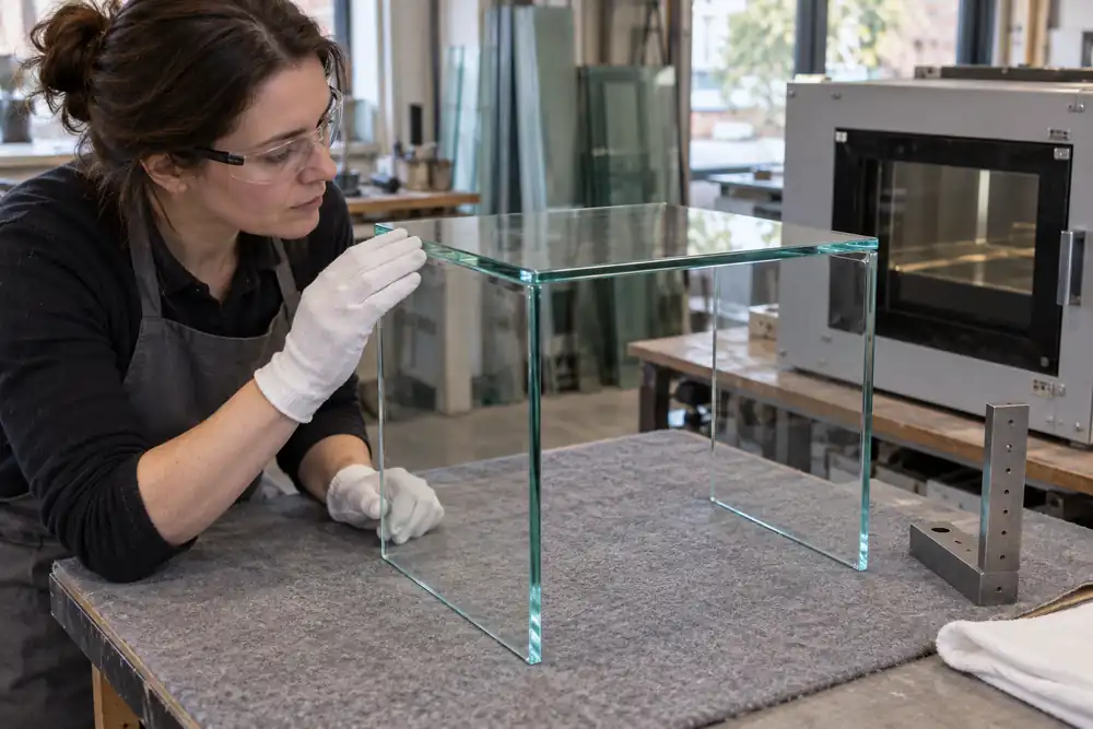 Craftswoman inspecting a bonded joint on a clear glass side table
