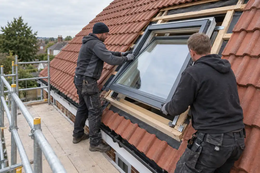 Installers fitting a centre-pivot roof window using guarded scaffold access