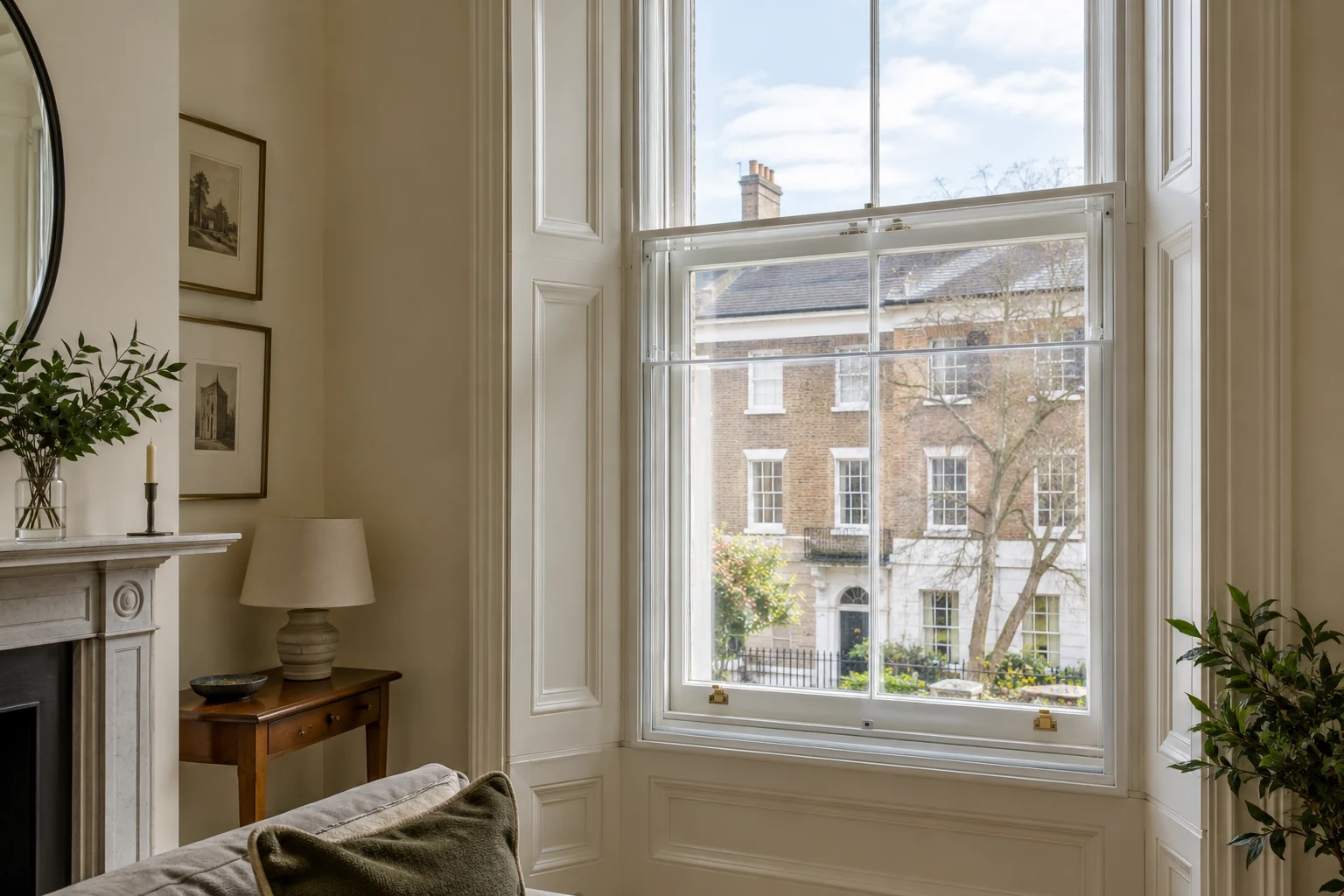 Vertical sliding secondary glazing behind a sash window