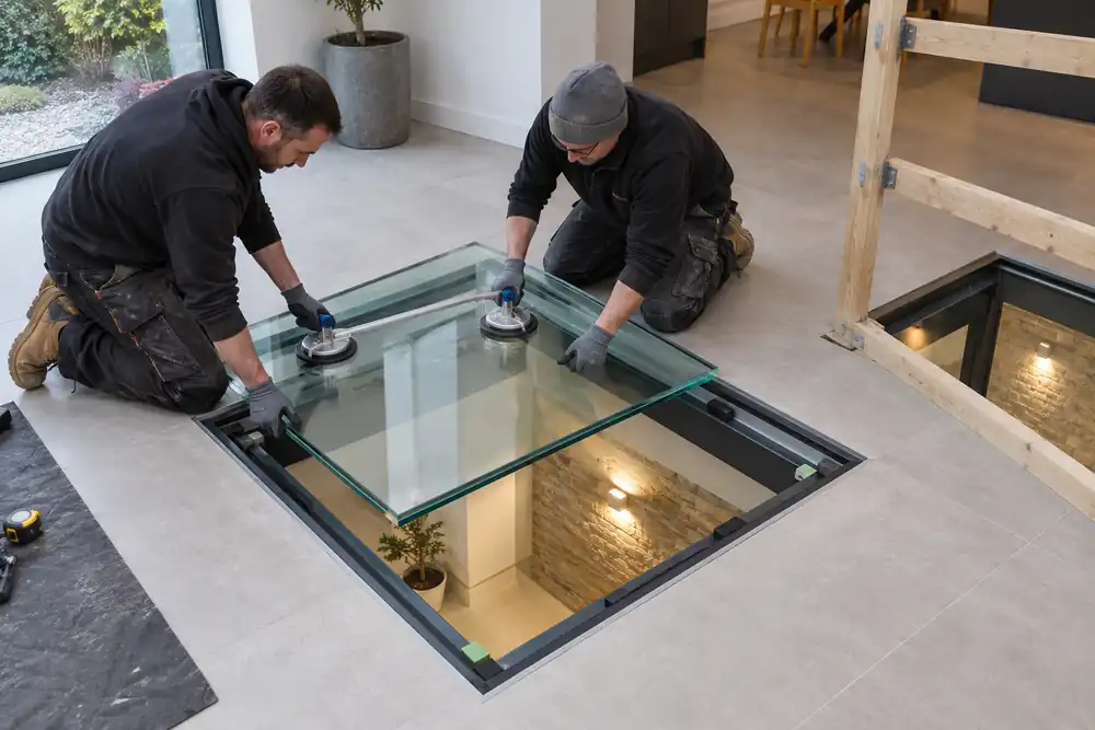Installers fitting a supported laminated glass floor panel above a lightwell