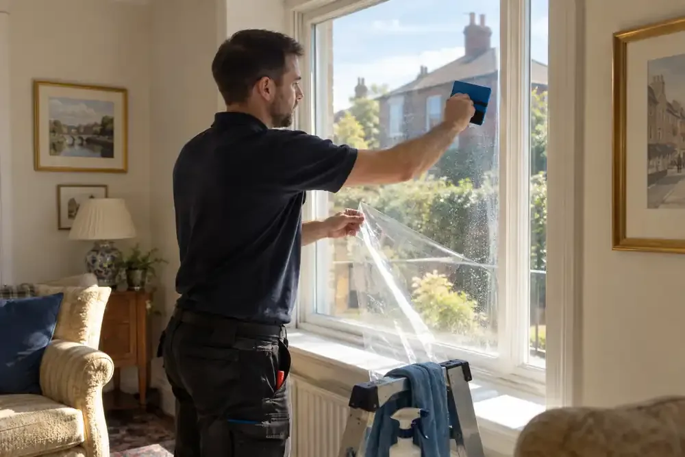 Installer positioning clear window film on residential glazing