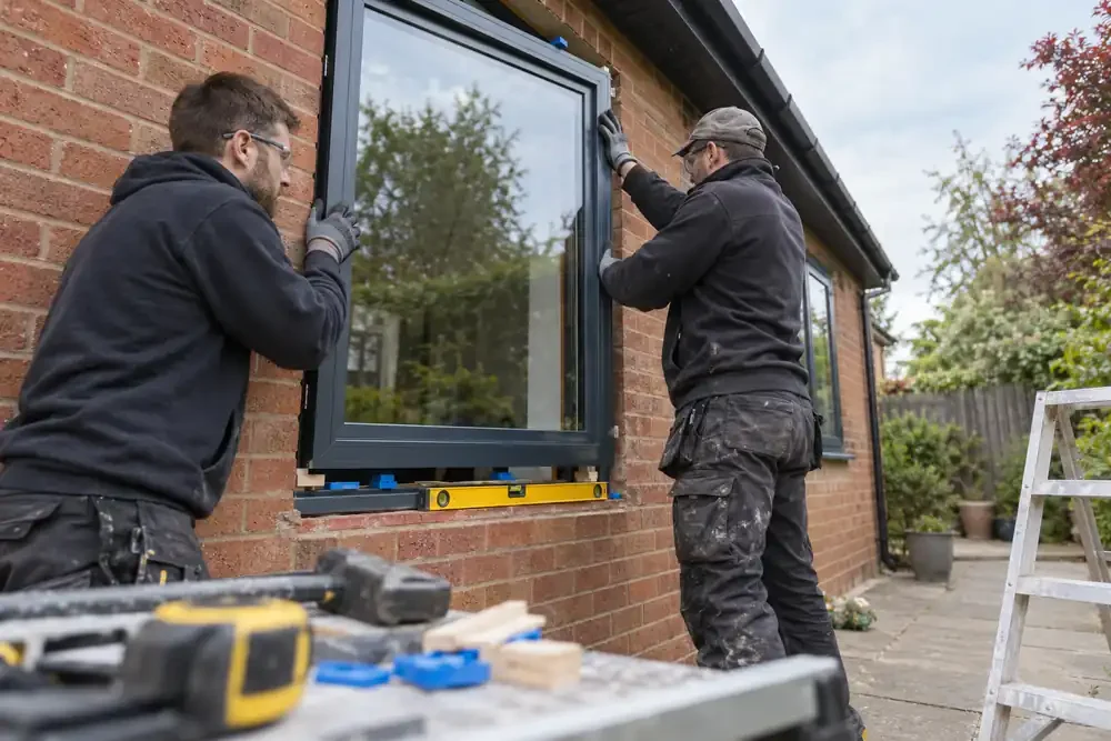 Two fitters setting a black aluminium window into a brick opening