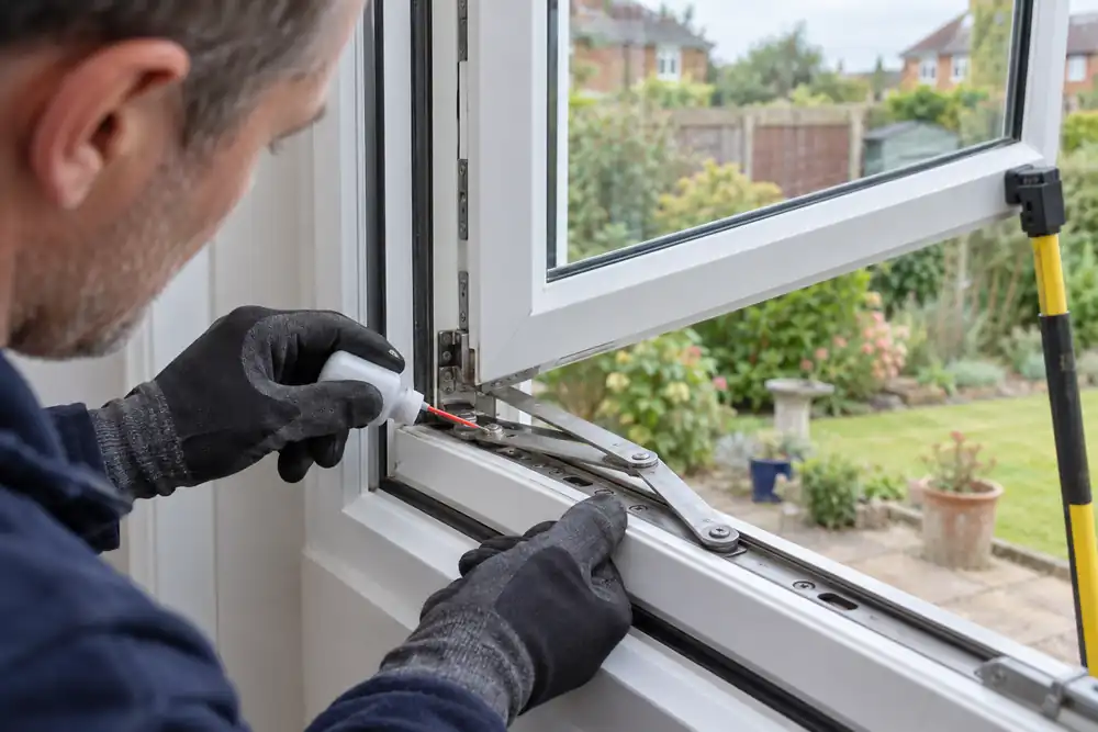 Technician servicing a supported casement window friction stay