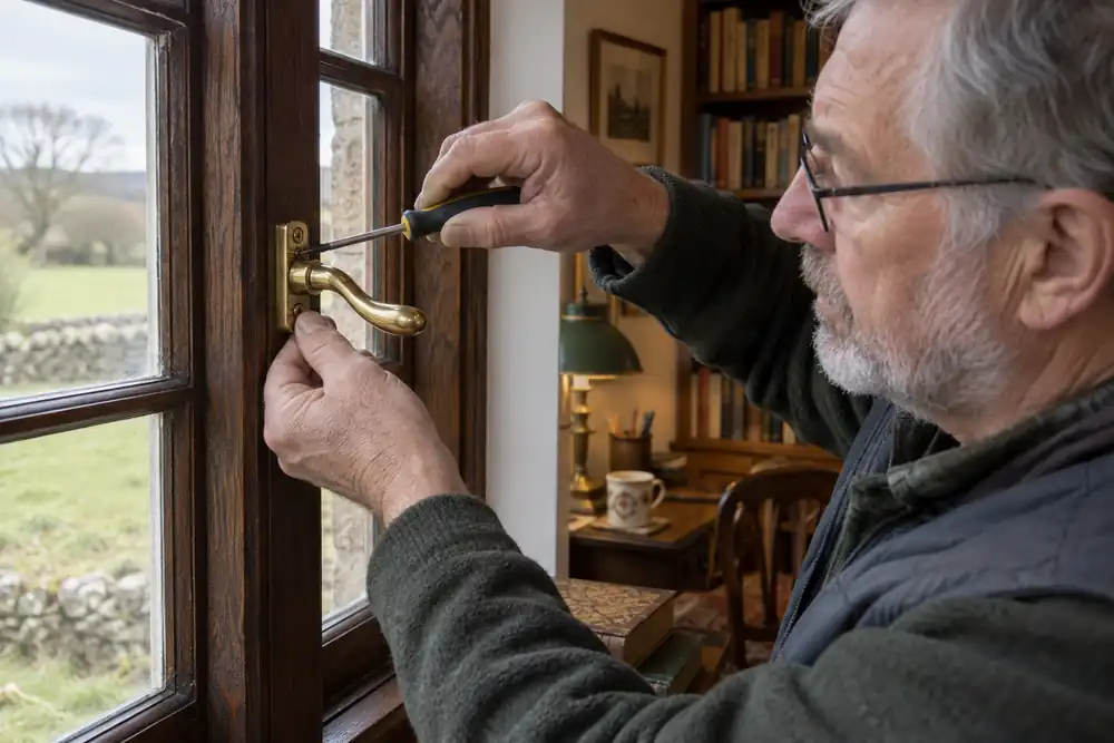 Craftsperson repairing a brass handle on a timber casement window