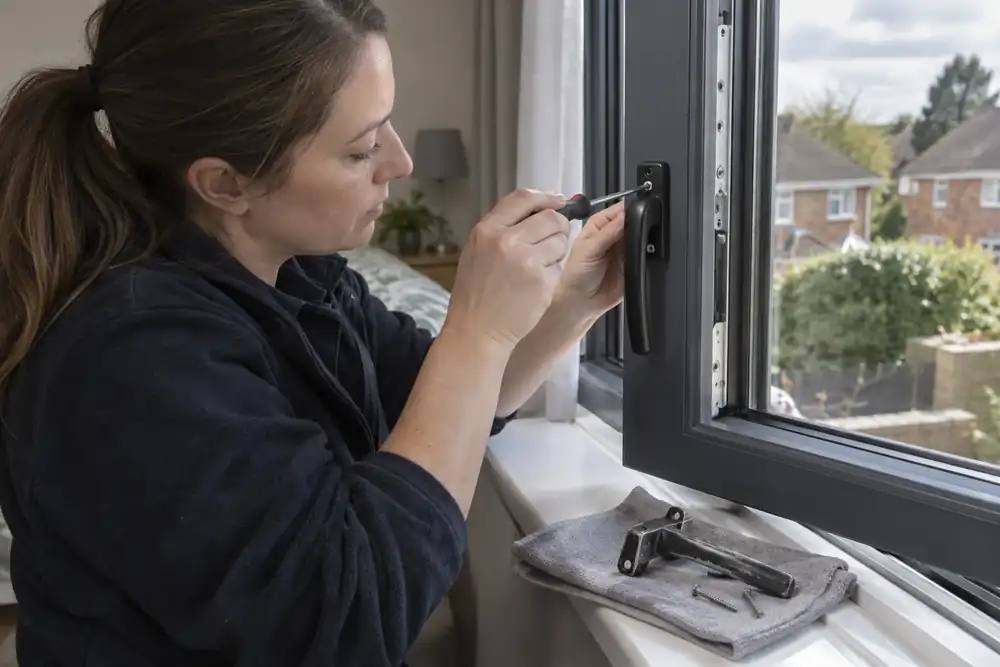 Technician fitting a replacement black window handle