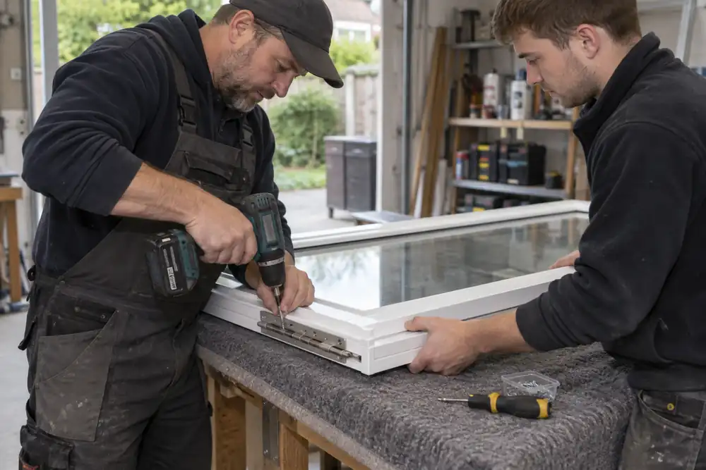 Tradespeople replacing a hinge on a supported casement sash