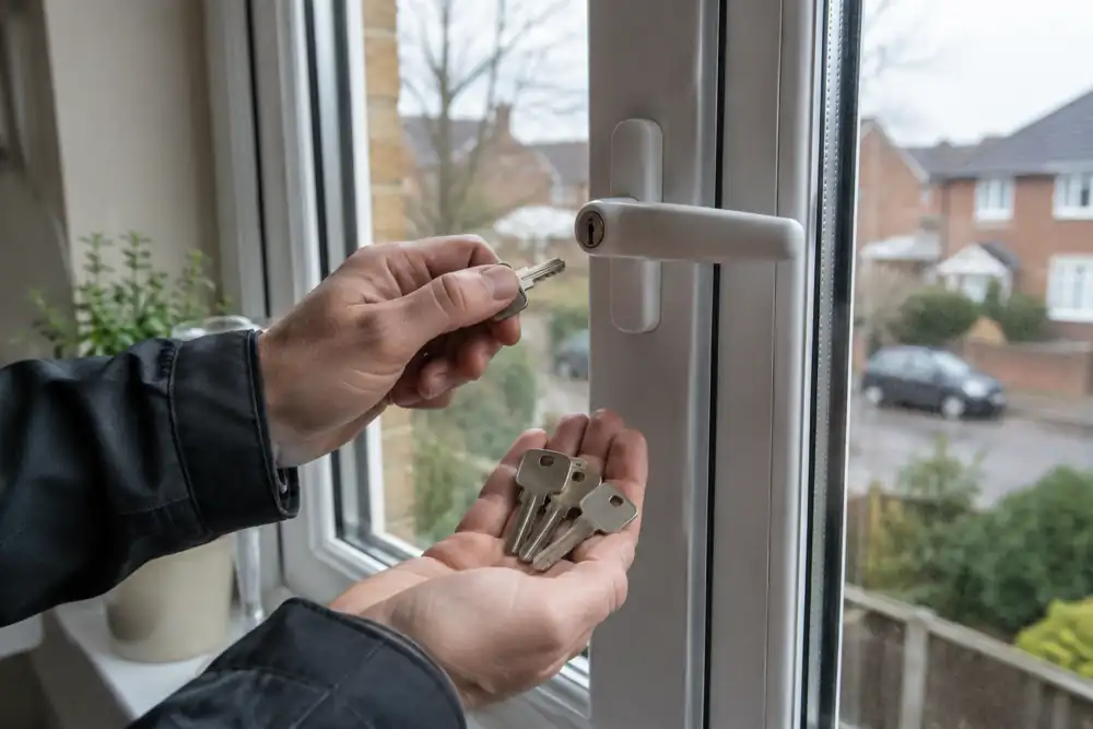 Assortment of unlabelled window handle keys beside locked window handle.