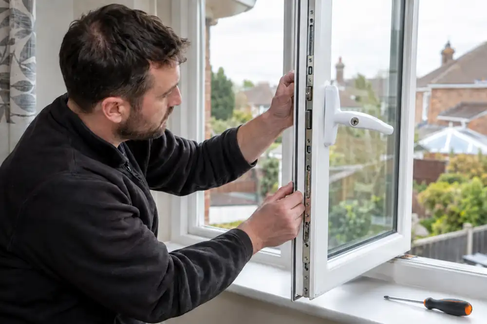 Locksmith examining handle and locking gear on an open uPVC window.