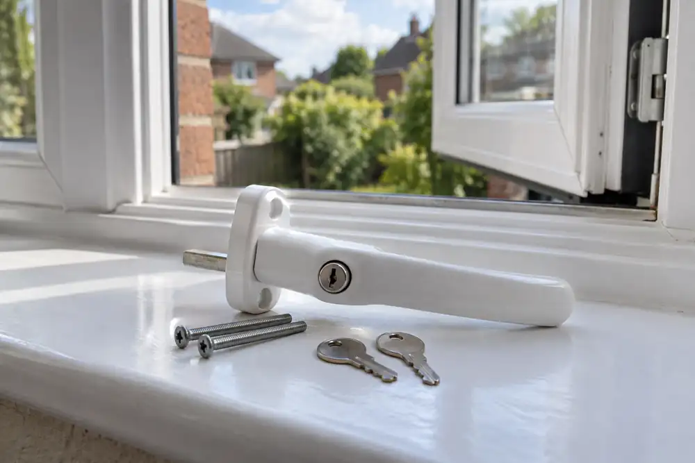 Replacement locking window handle, fixings and keys beside a casement window.