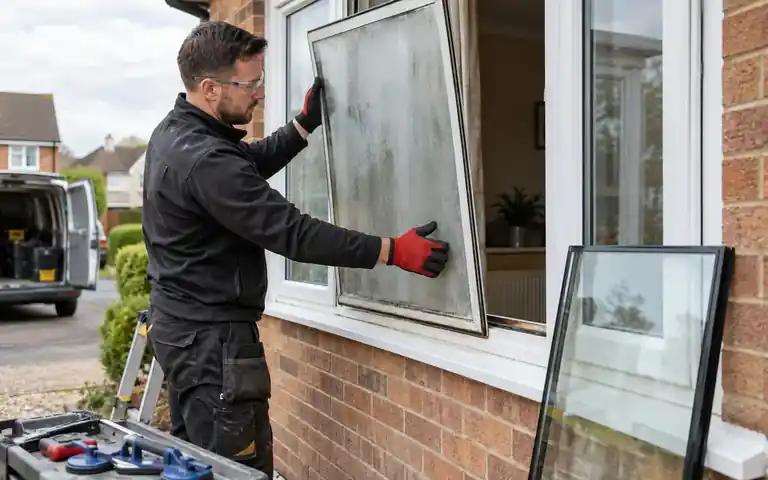 Glazier removing a misted sealed window unit