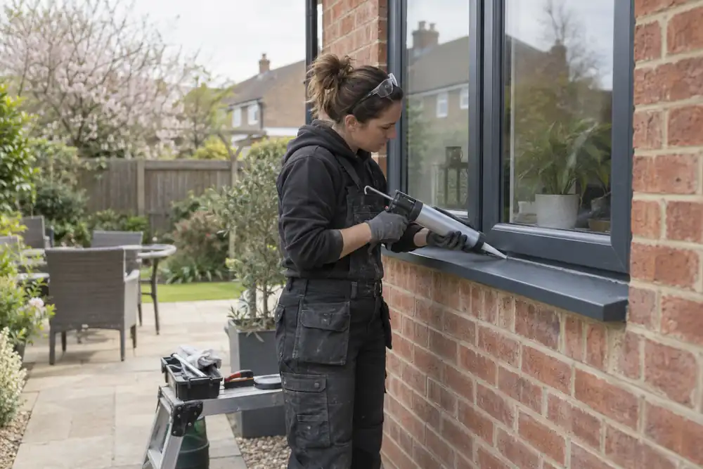 Glazier renewing the exterior seal at a casement window sill