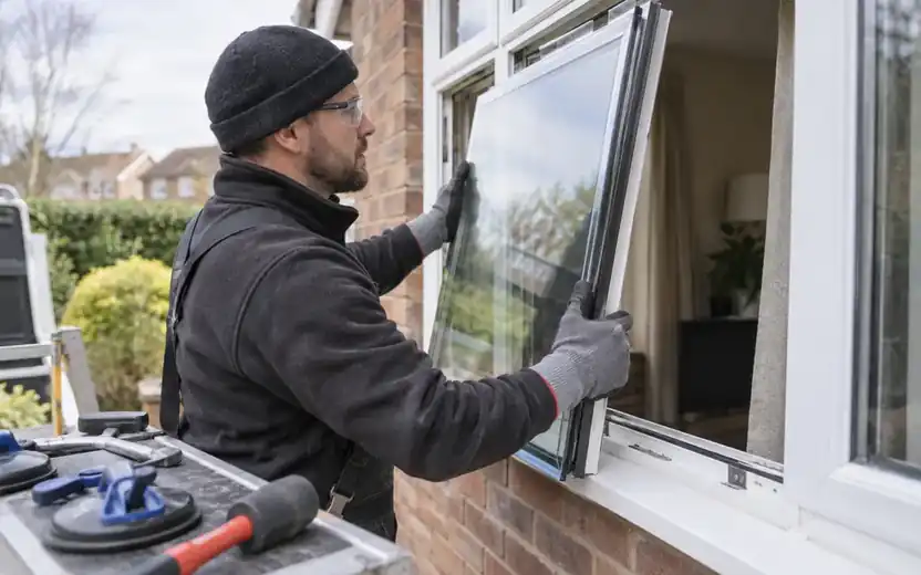 Glazier replacing a pane in a domestic window frame