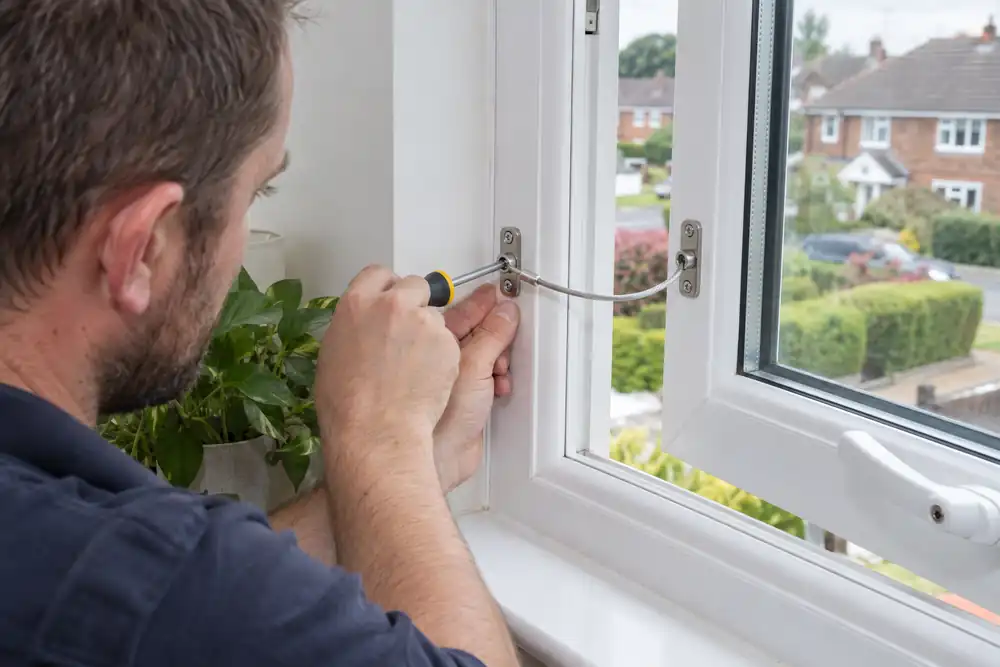 Technician fitting a cable restrictor to a uPVC window