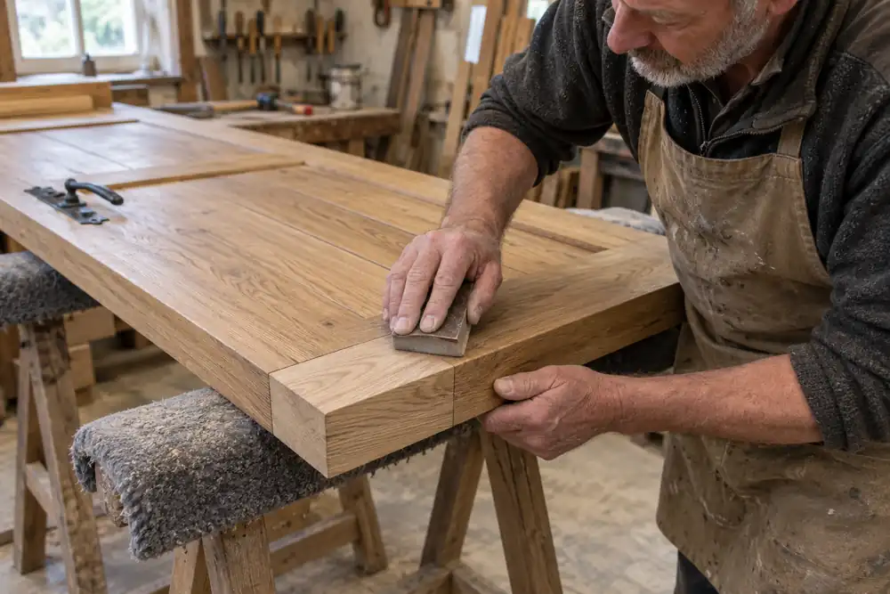 Joiner sanding a flush timber repair in the bottom corner of an oak door